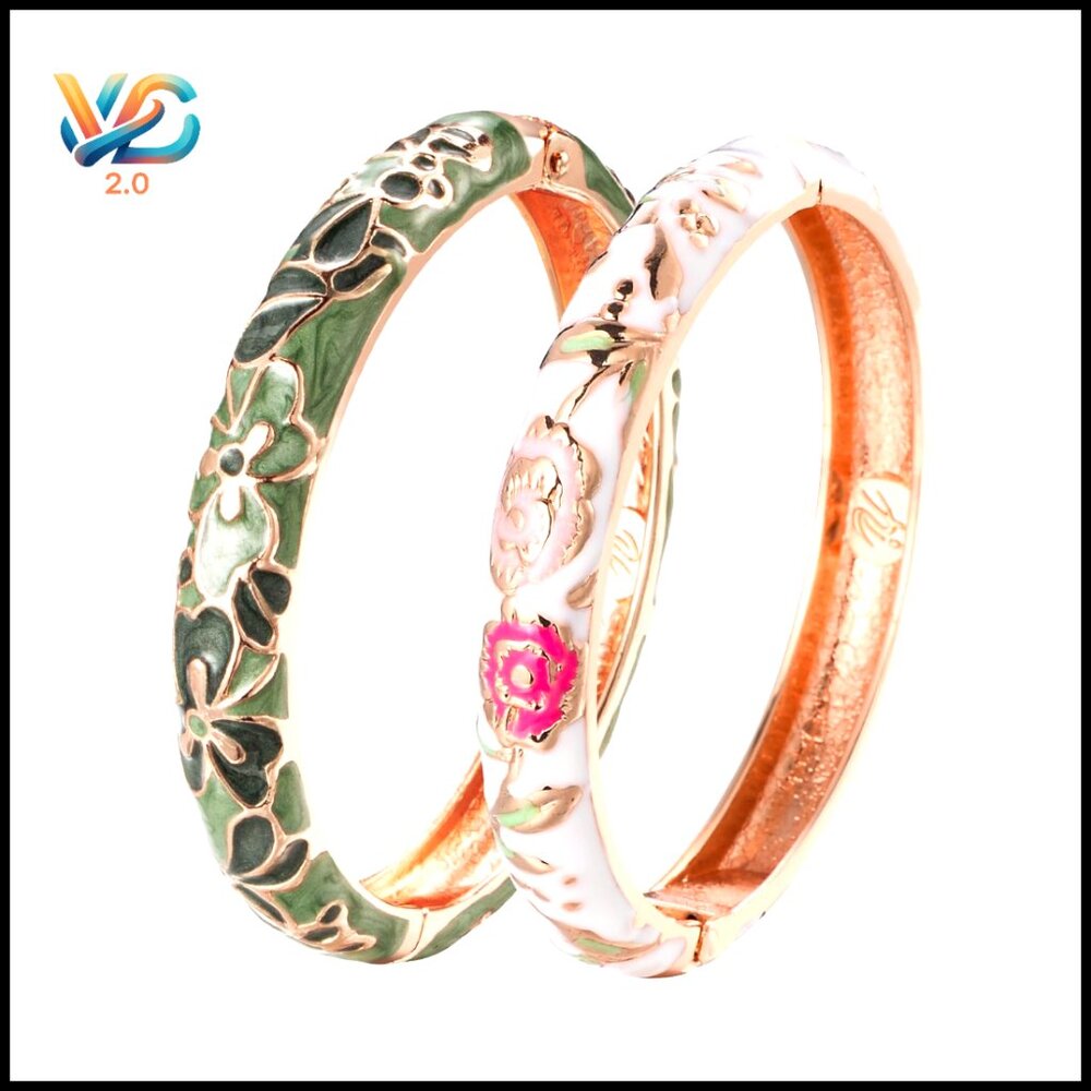 Spring Hinged Metal Cuff Bangles Set, Enameled Jewelry Gift Box Packed